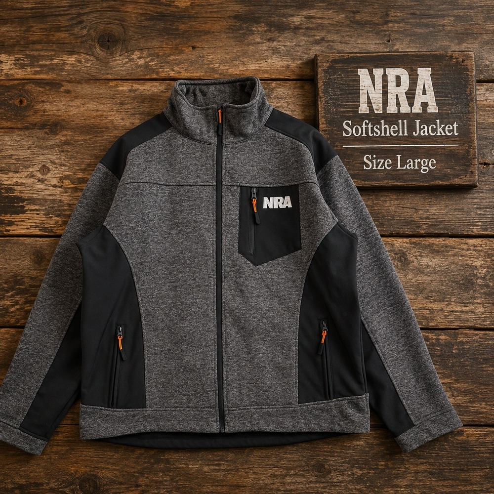 NRA Softshell Jacket Mens Large Grey Black Fleece Lined Full Zip Tactical Coat